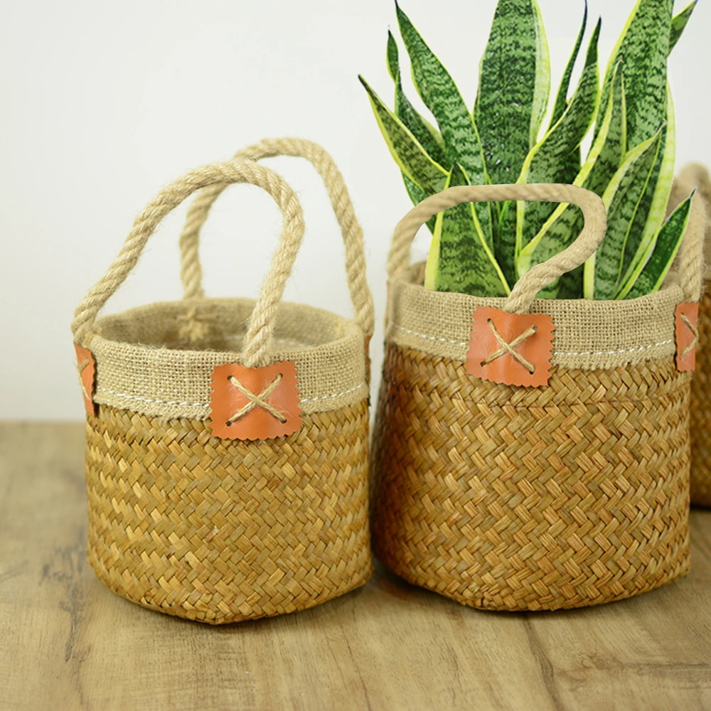 

S/M/L Handmade Woven Storage Basket Folding Clthoes Laundry Basket Straw Wicker Rattan Seagrass Garden Flower Pot Plant Basket