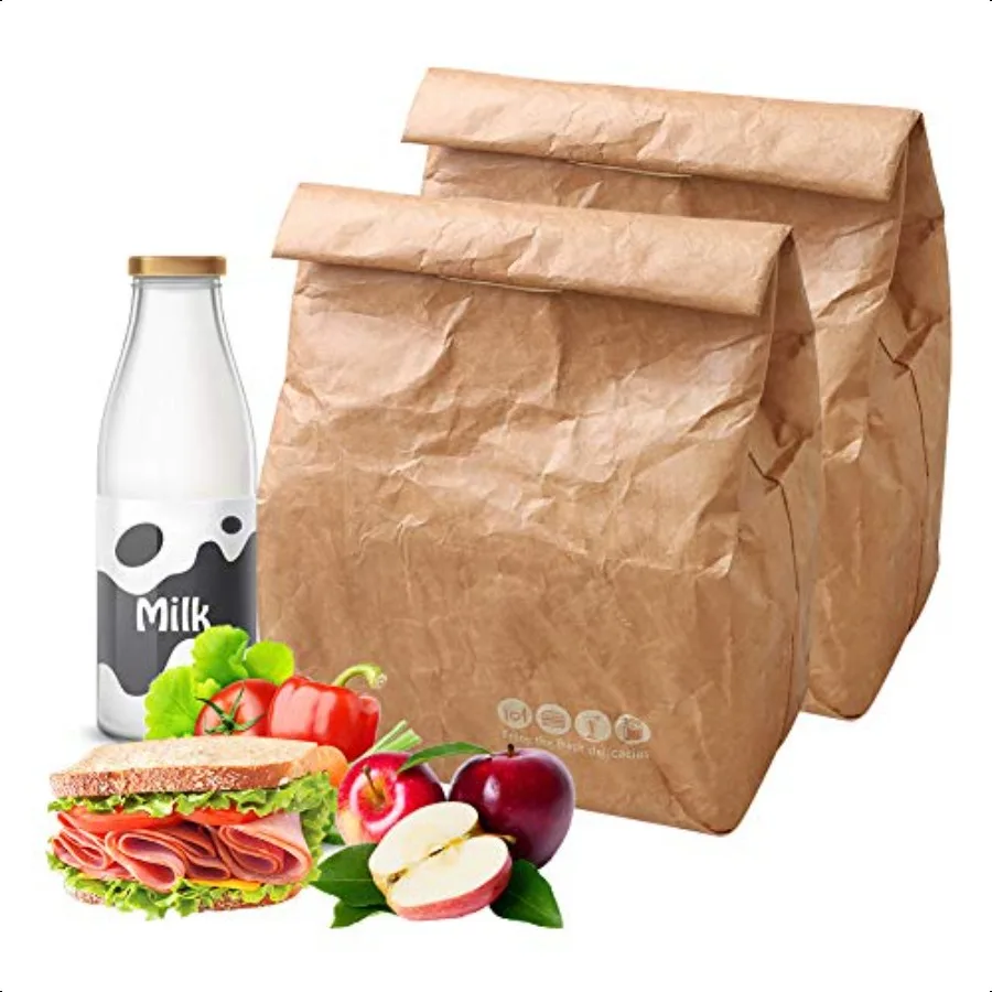 

2 Pack Insulated Brown Paper Lunch Bags Reusable Retro Lunch Sacks for Adults Work Office Brown Paper 10 x 8 x 4.3.
