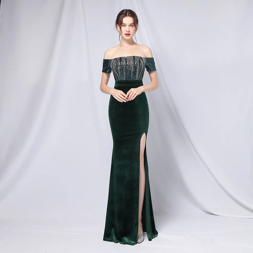 

Eleagnt Dark Green Plus Size Long Evening Dress Boat Neck Short Sleeves Elastic Velour Sequined Mermaid Women Formal Gowns