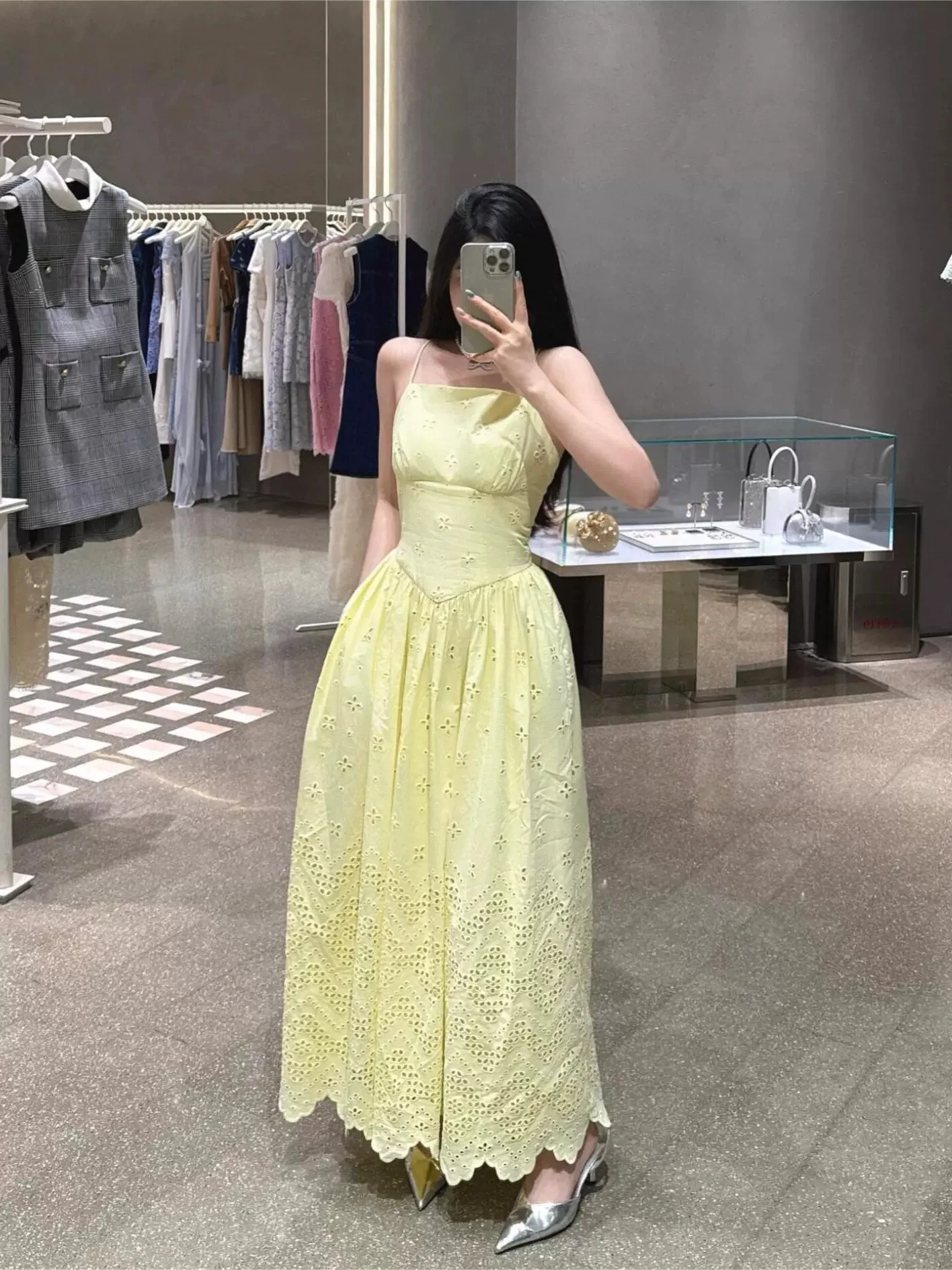 

Early Autumn New Sle SP2025 Yellow Embroidery Hollow out Bridesmaid Dr Women's French Sle High Waist Long Skirt