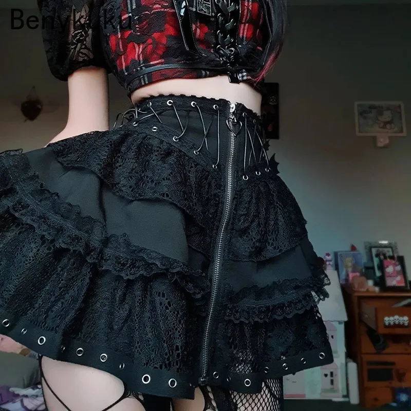 

Gothic Skater Punk Vintage High Wasit Skirt Women Clothes Zipper Front Japanese Style Kawaii Black Harajuku Cosplay Mini Skirts