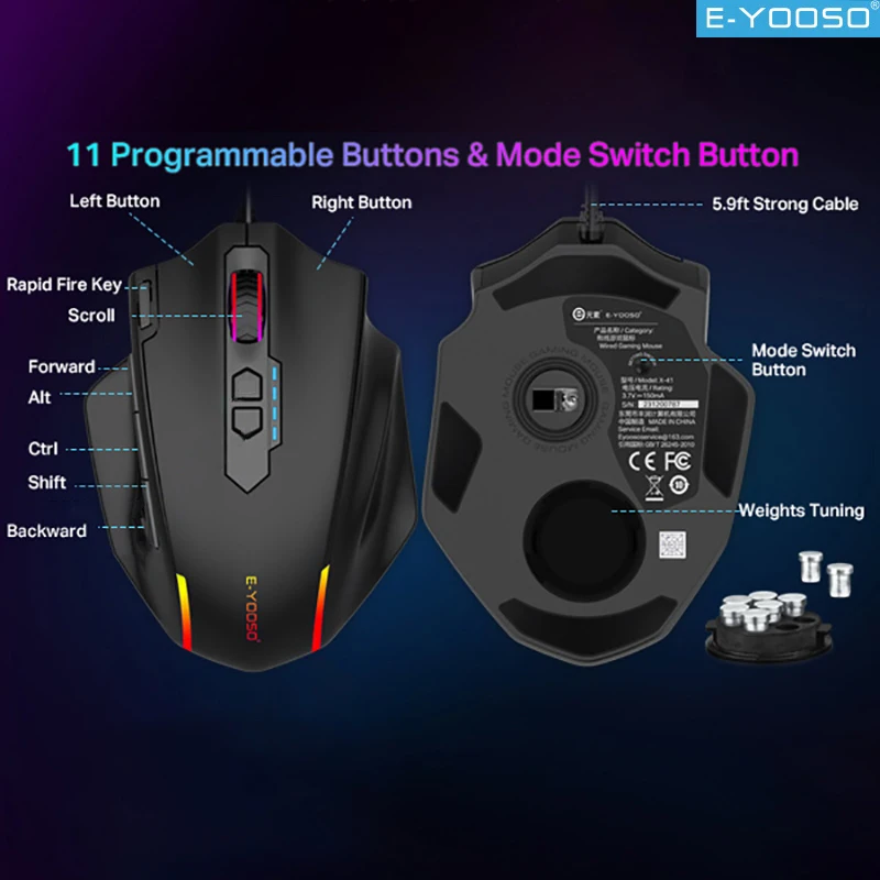 E-YOOSO X-41 Wired Gaming Mouse 12400 DPI RGB Backlit 11 Macro Buttons Weights Adjustable Ergonomic Mouse for PC and Laptop