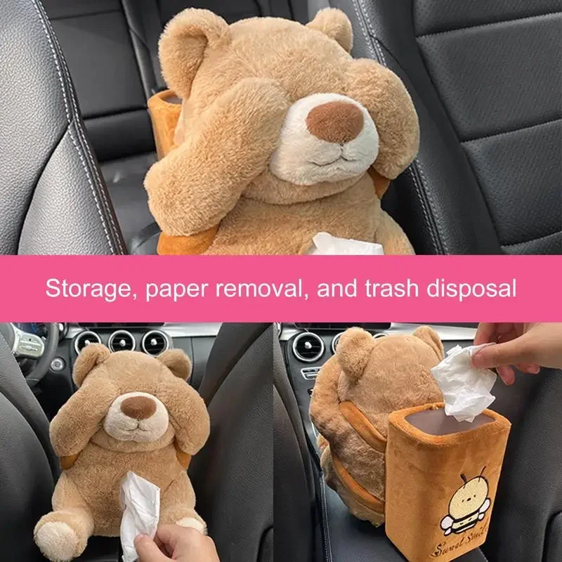 Car Tissue Box Trash Can 2-in-1 Cute Plush Eye-covering Bear Car Interior Decoration Seat Middle Car Tissue Holder Storage Trash