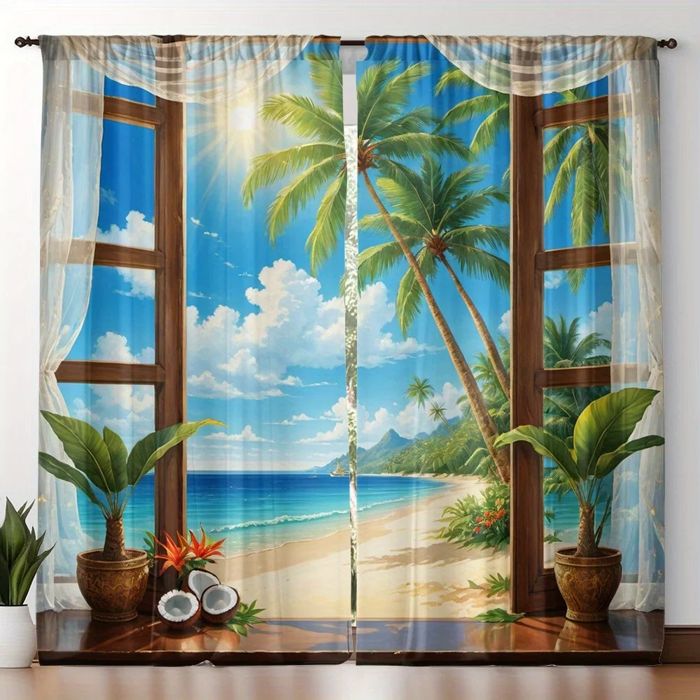2PCS Digital Printed Curtains, Palm Tree Beach Tropical Summer Ocean, Window Treatments for Living Room Bedroom Home Decoration