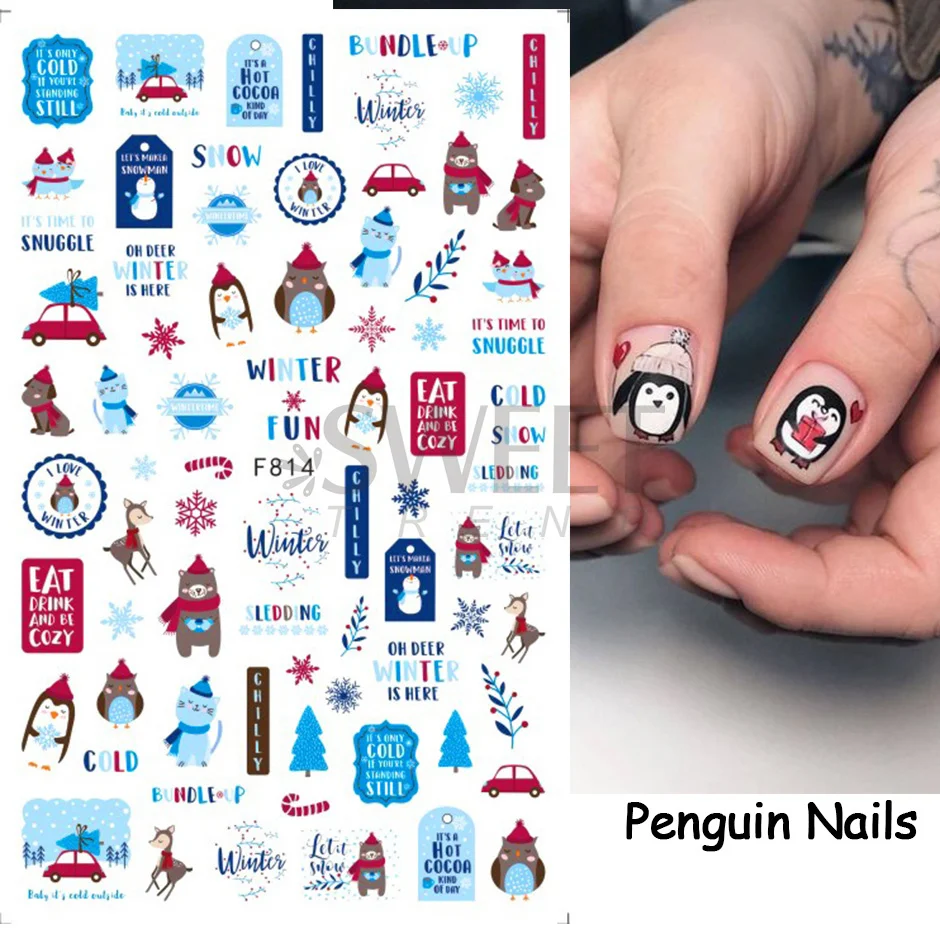 Winter Besneeuwde Nagels Art Design Witte Sneeuw Elanden Boom Wonderland 3D Sticker Nail Decoratie Leuke Pinguïn Beer Decal Accessoire SAF816