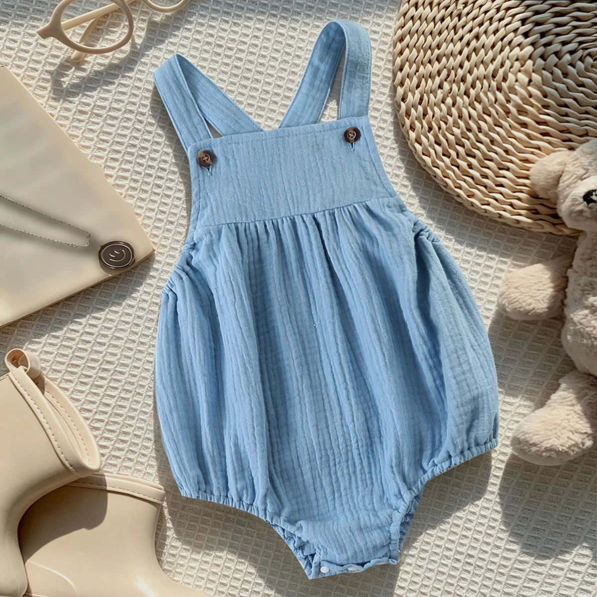 Baby Boy Summer Strap Bodysuit,1‑Piece,Woven Fabric,Casual Design,for Daily Wear & Outdoor Activities