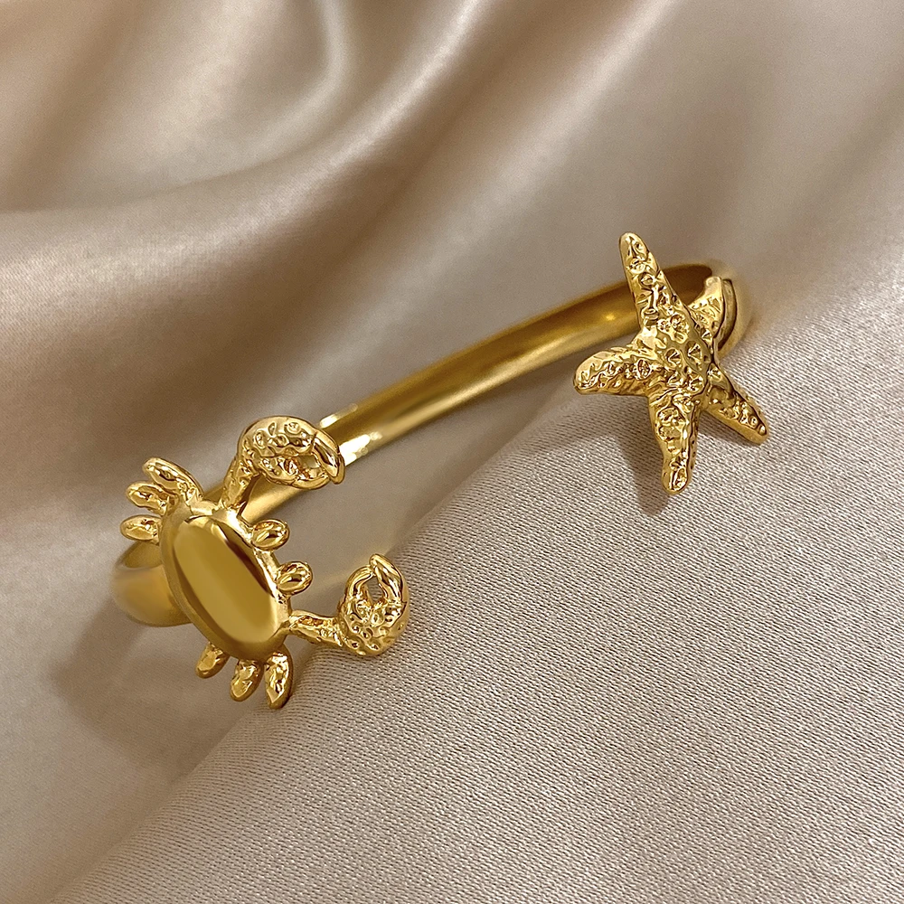 Greatera كراب نجم البحر سوار مفتوح لون ذهبي الفن التصميم الأصلي الفولاذ المقاوم للصدأ الرجال النساء الكفة الإسورة ملابس المجوهرات الطرف