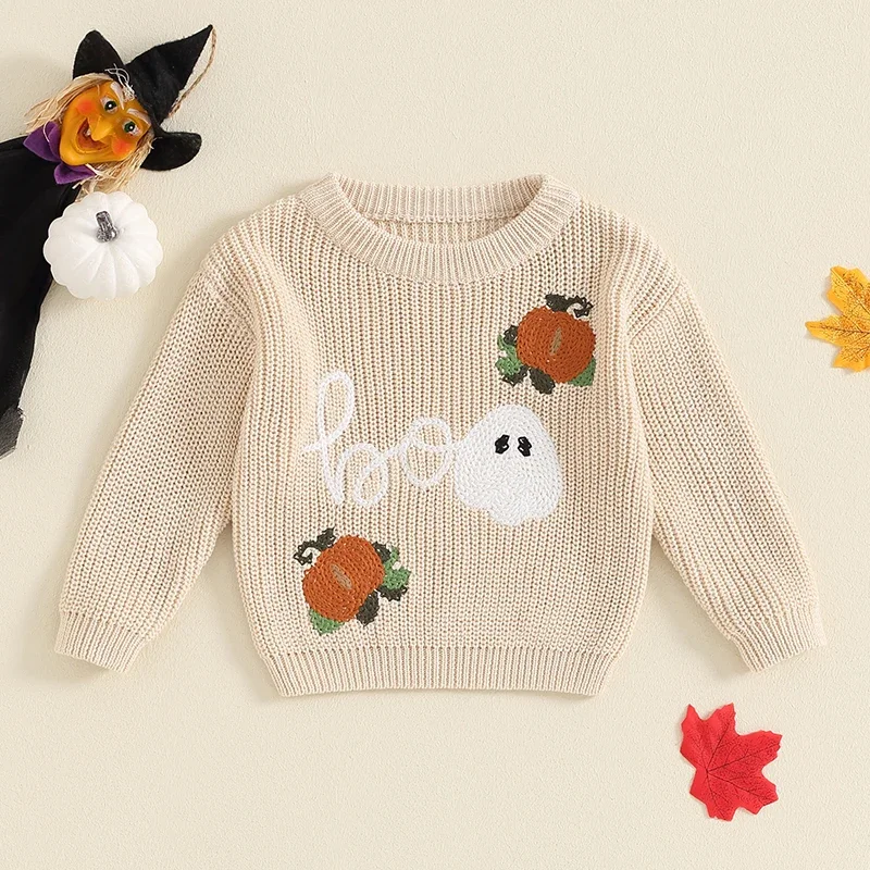 Toddler Boys Girls Halloween Sweater Witch Pumpkin Letter Ghost Long Sleeve Round Neck Ribbed Knitted Pullover Sweaters Knitwear