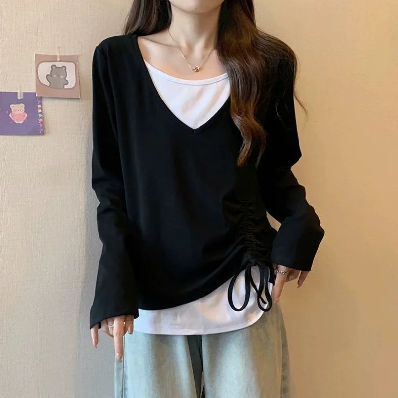 

Contrasting Colors Patchwork T-shirts Spring Autumn Fake Two Pieces Women's Clothing Stylish Shirring Drawstring Loose Pullovers