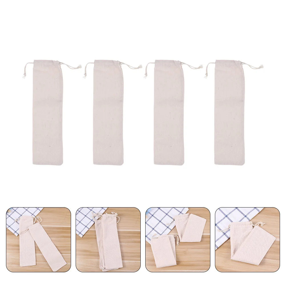 4 Pcs Drawstring Bag Puke Bags Holder Drinking Straws Suitcases Chopstick Pouches Reusable Linen Holders Forks Storage Travel