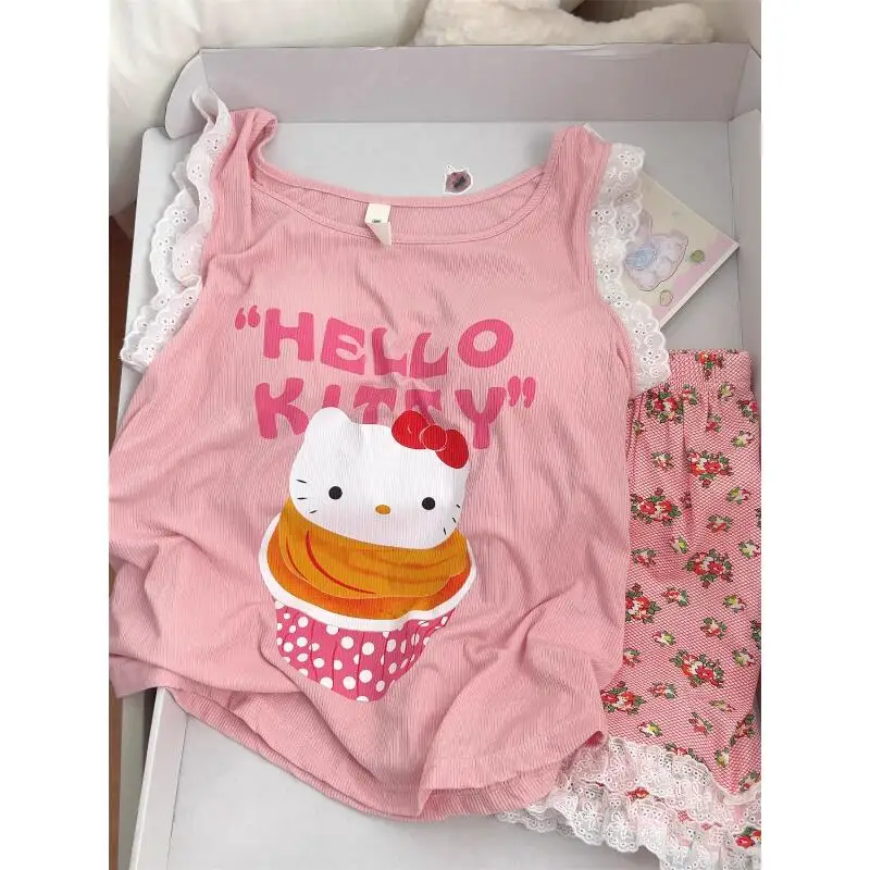 

Sanrios Hello Kittys Pajamas New Sweet Girls Creativity Cartoon Lounge Suit Loose Comfortable Versatile Kawaii Holiday Gifts Hot