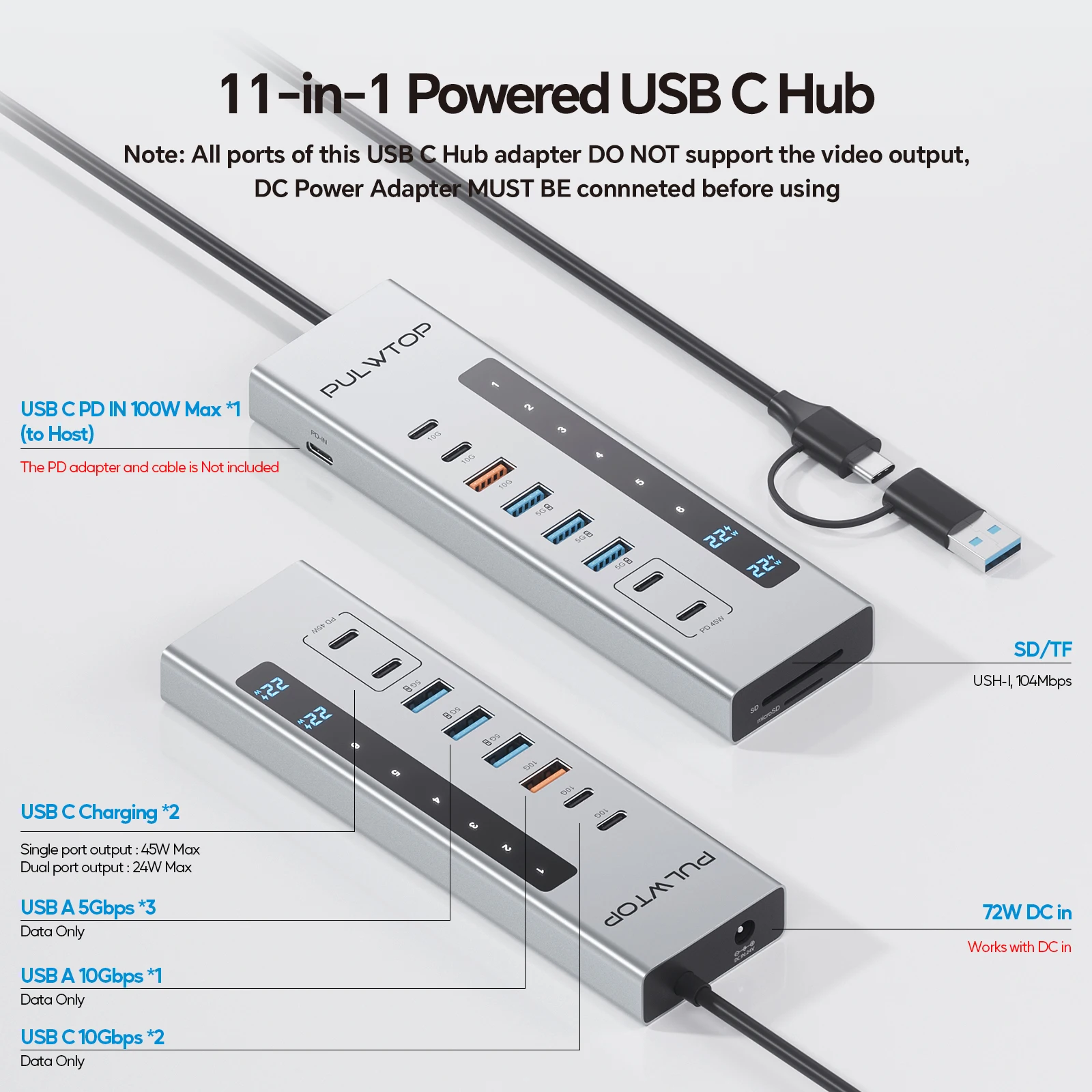 PULWTOP Powered USB C Hub with SD/TF, USB C 10Gbps, USB-A 5/10Gbps and 2 * 24/45W Type-C PD Charging Ports (Not Support Video)