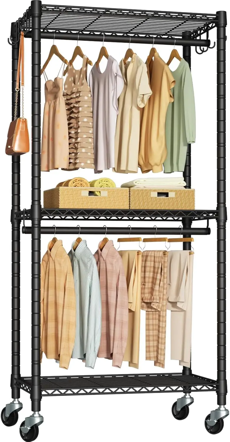 

Mini Rolling Clothes Rack, Heavy Duty Garment Rack with Wheels, 23.6''W x 14''D x 78.5''H, Max Load 430 Lbs, Black