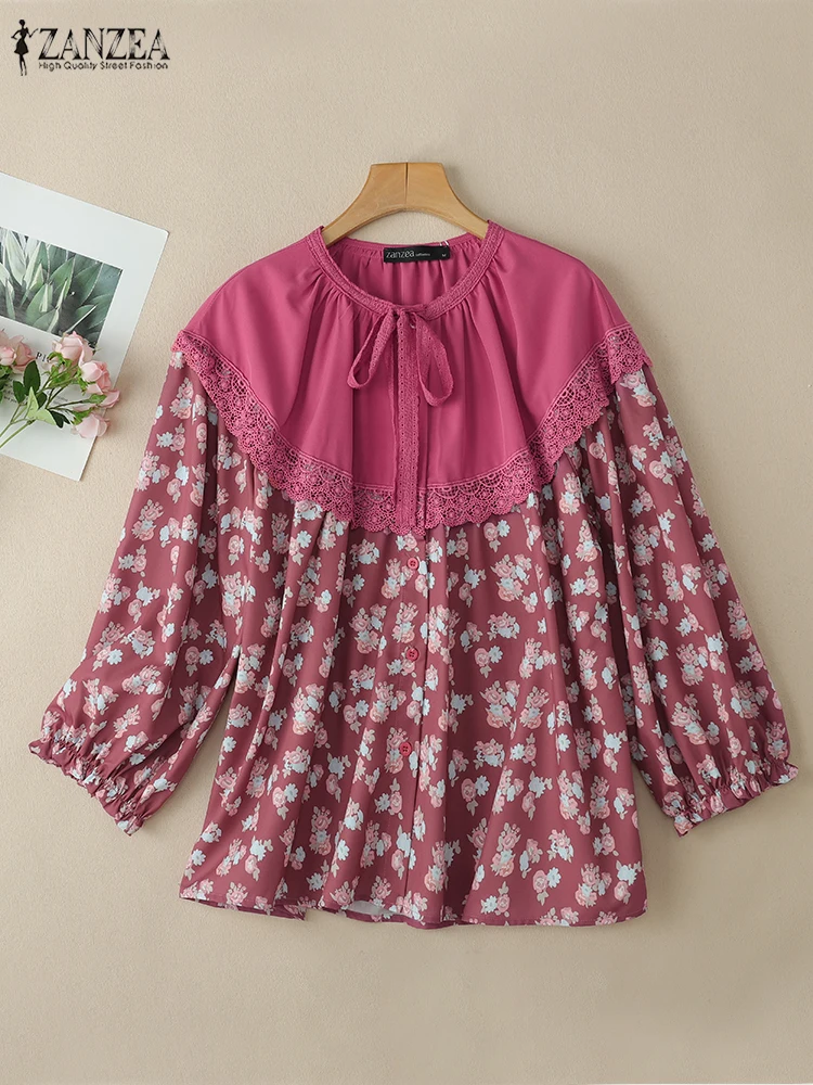 ZANZEA bohème dentelle Patchwork hauts imprimé fleuri lanterne manches couleur bloquée Chemise élégante Femme printemps mode chemises