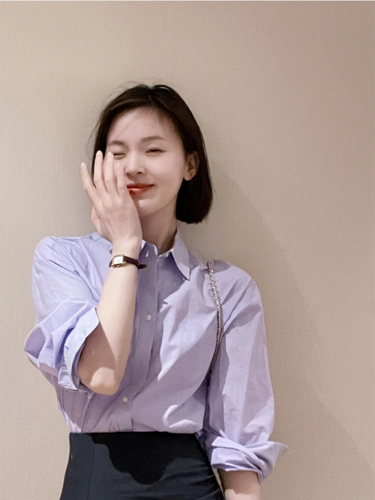 

Женская фиолетовая рубашка с длинным рукавом, свободного кроя, универсальная, для многослойных образов, весна-осень, в корейском стиле
