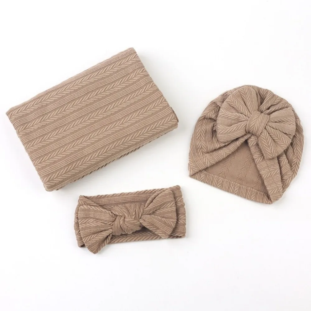 3 unids/set nuevo conjunto de edredón envolvente de polialgodón para bebé Color sólido patrón de oreja de trigo sombrero para bebé diadema manta envolvente para recién nacido