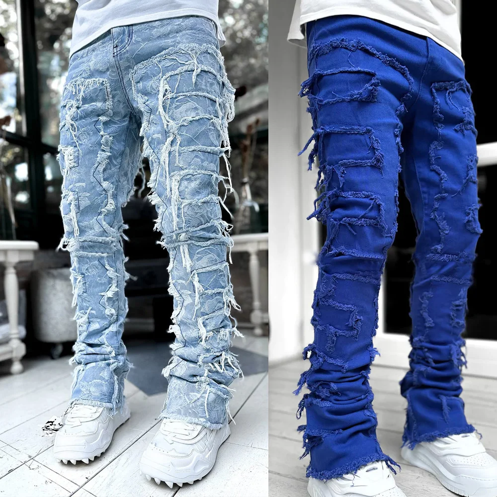 Pantalones vaqueros apilados blancos para hombre, Jeans elásticos con borlas de retazos dañados, longitud completa, Hip-pop, 2024