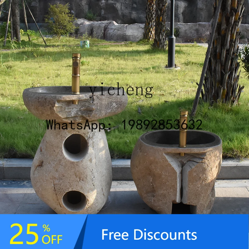 

CF outdoor cobblestone column basin retro stone wash basin integrated floor pool courtyard mop pool