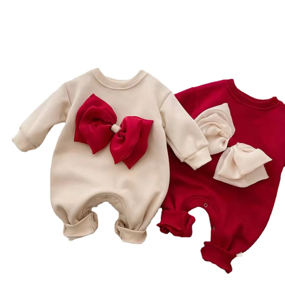 Baby Rompers for Girls Newborn Bodysuits & One-Pieces New Year's Greetings Plus Velvet with Bows and Long Climbs Jumpsuit