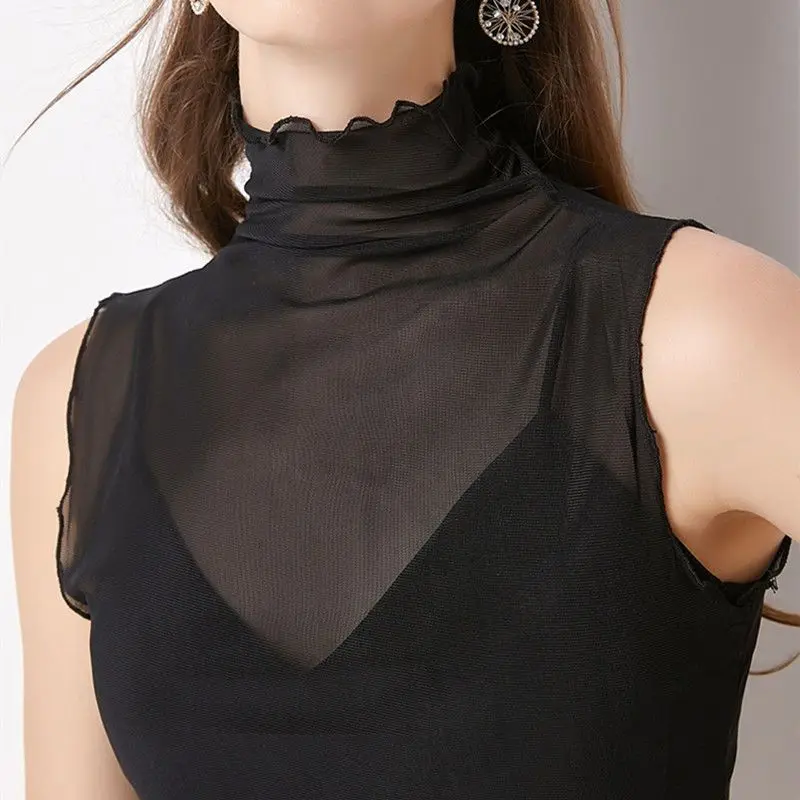 Large Size Base Shirt Transparent Breathable High Collar Mesh Sleeveless Fake Collar Inner Wear Summer New Style Women's Top