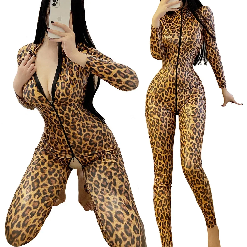 

Women Zipper Open Crotch Catsuit Jumpsuits Leotards Sexy Slim Leopard Print Faux Leather Bodysuits Long Sleeve Jumpsuit Clubwear