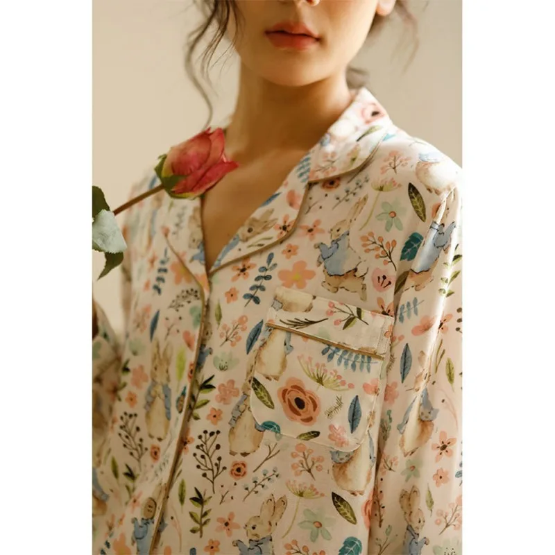 2023 Autumn Bamboo Cotton Double Gauze Magic Rabbit Print Pajamas Women\'s Home Wear Long-sleeved Trousers Set Comfort Sleepwear