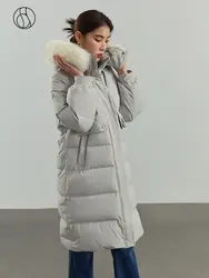 DUSHU 178.5-210.5G Filling Capacity Casual Loose Big Fur Collar Long White Duck Down Jacket Women Winter New Down Coat Female