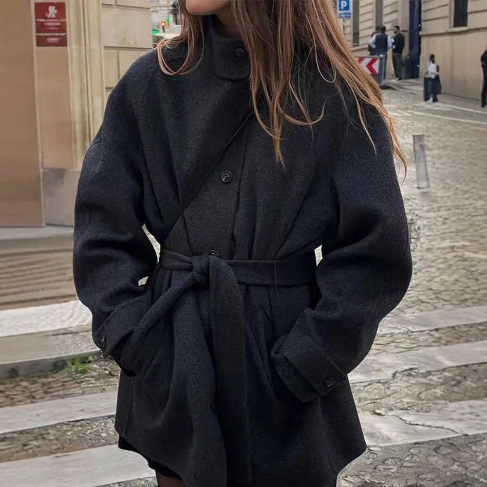 

Autumn and winter new women's belt solid color woolen coat coat high quality elegant stand-up collar long-sleeved coat