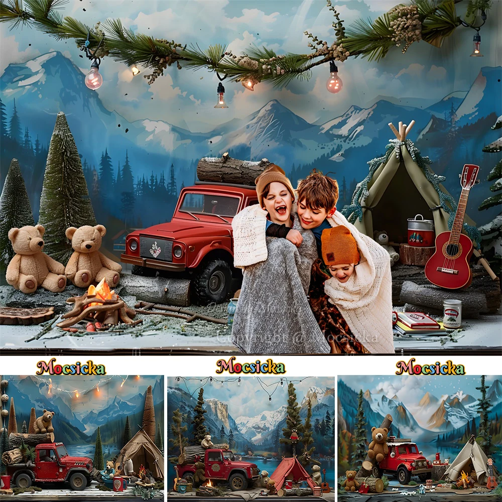 

Winter Camping Party Photography Background Snow Mountain Red Truck Tent Toy Bear Backdrop Kids Boy Birthday Party Photo Studio