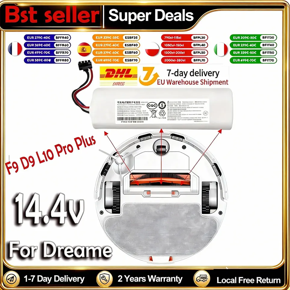 Batterie Li-ion 14.4V 12800mAh P2008-4S2P-MMBK d'origine pour aspirateur robot Dreame D9 F9 L10 L10 Pro 4INR19/66-2