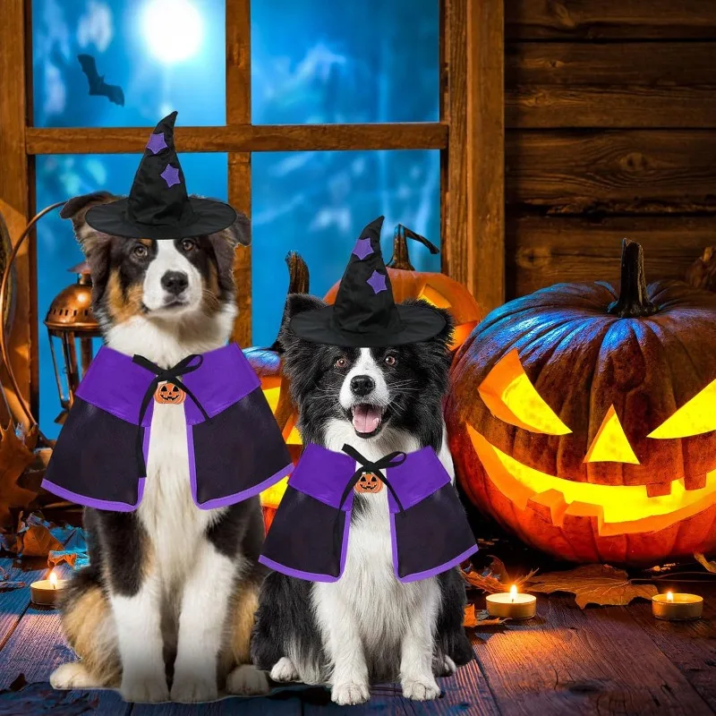 2pcs Festival Pet Accessories Cool Cloak Black Purple Star Magic Wizard Hat for Dogs Dress Up Halloween Party