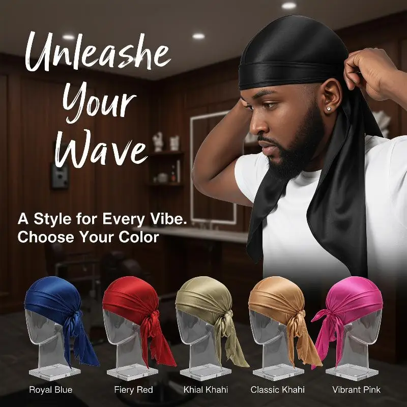 [T] Unisex Silky Long Tail Durag Pirate Hat Turban Fashion Headwraps Cap Bandana Women Men Headwear Caps Hijab Hair Accessories view 2