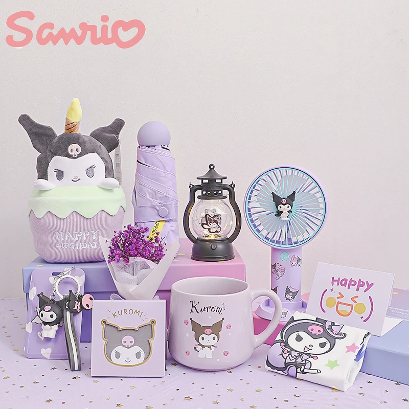 

Sanrios Kuromi Doll Gift Box Set Kawaii Bouquet Greeting Card Night Light Mug Fan Umbrella Girlfriend Best Friend Birthday Gifts