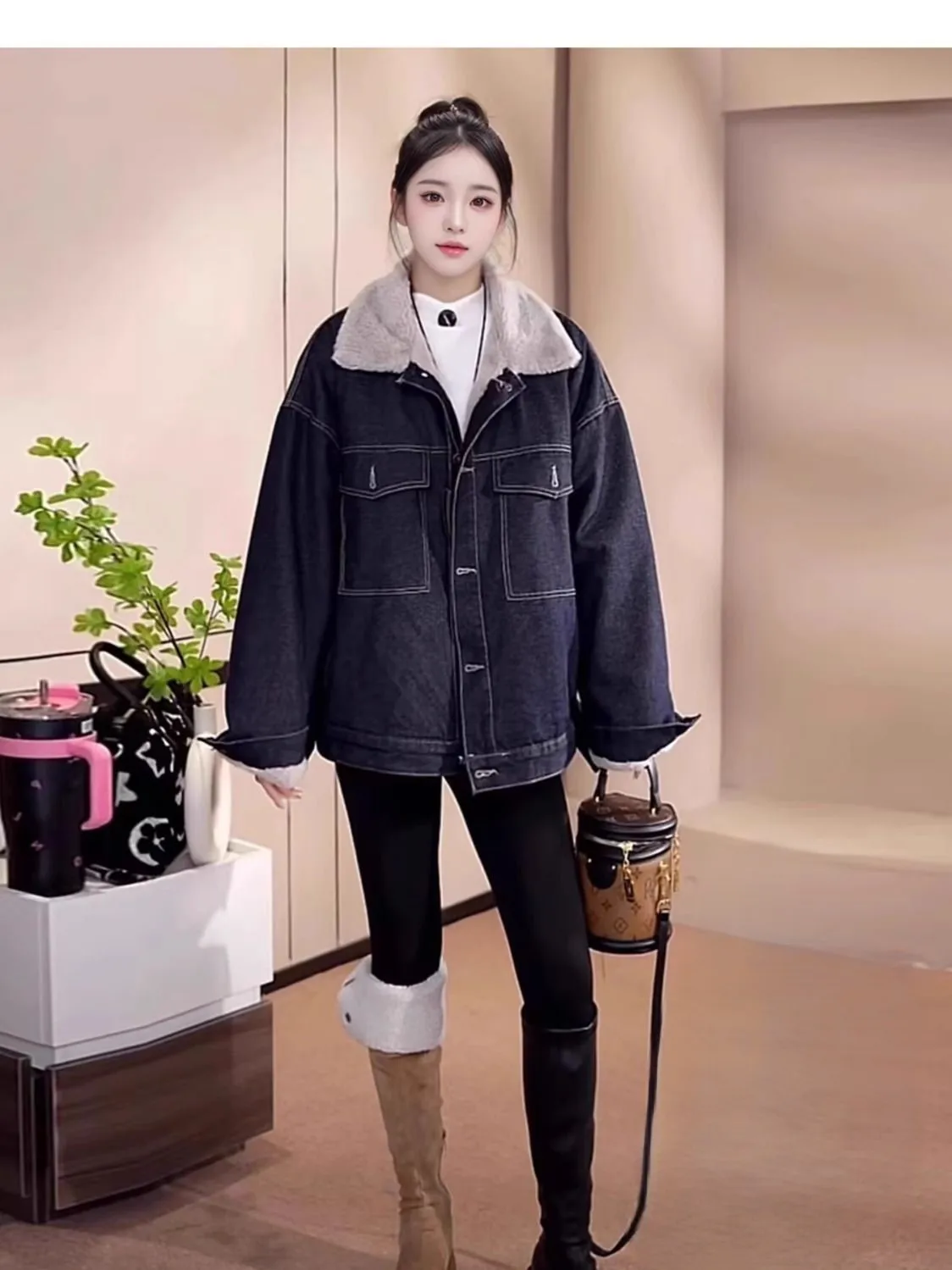 

Denim Coats Winter Fur Plush Womens Boxy Fit Gothic Punk Nightclub Party Anti-Wrinkle Hooded Padded Button-Embellished Jackets