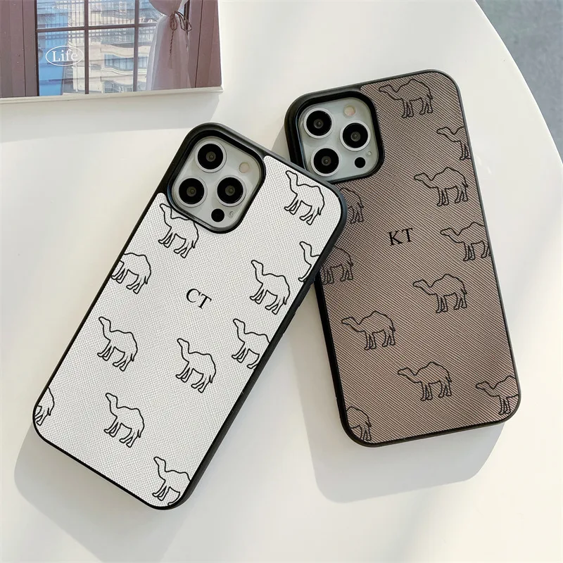 Custom Camel Initials Brick Saffiano Vegan PU Leather Case for iphone 14 13 11 12 Pro Max 14Plus XR XS Max Case Luxury Cover Hot