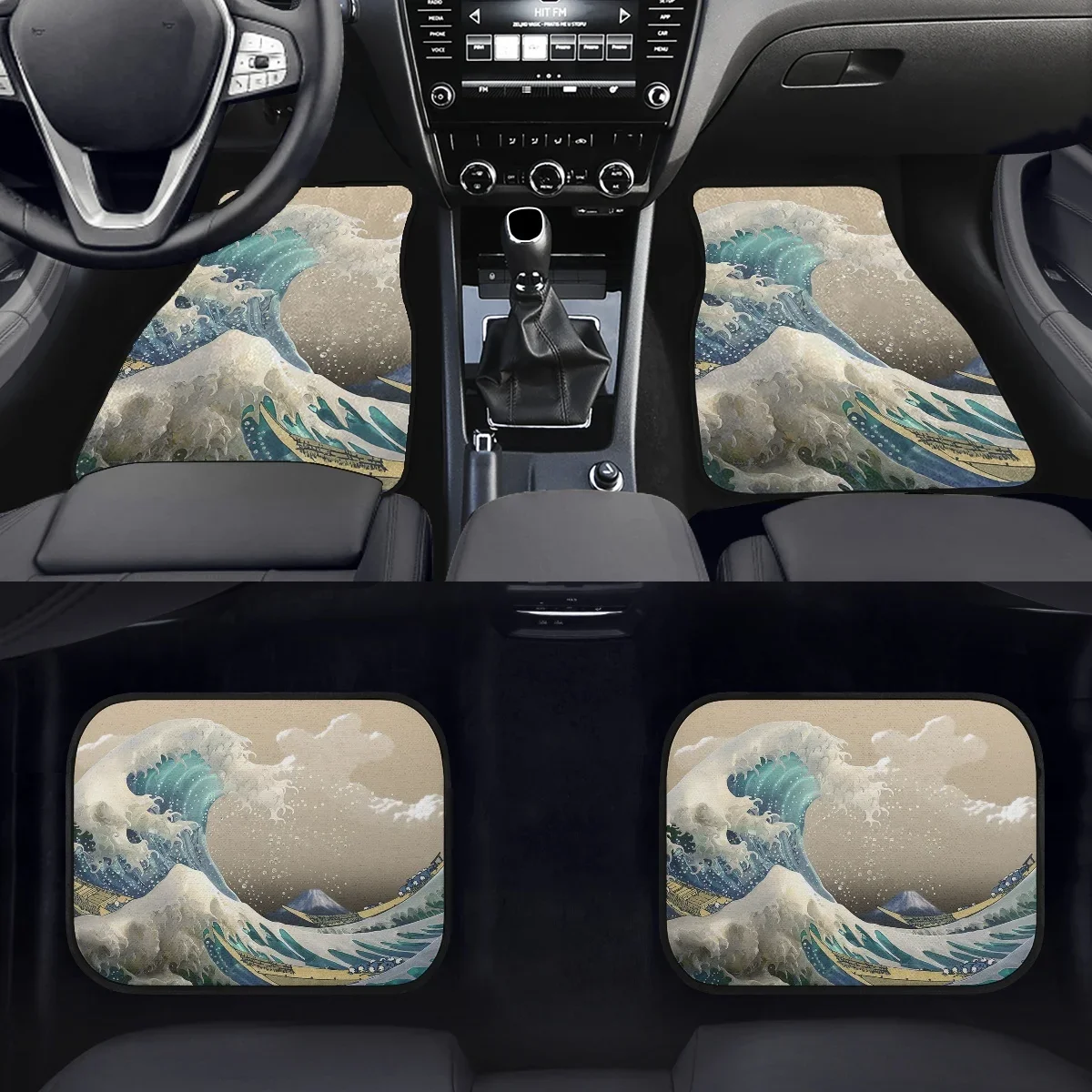 Japan Giant Wave Design Print Front and Back Car Floor Mats Heavy Carpet Vehicles Sedan Full Set of 4PCs Pack Easy to Install