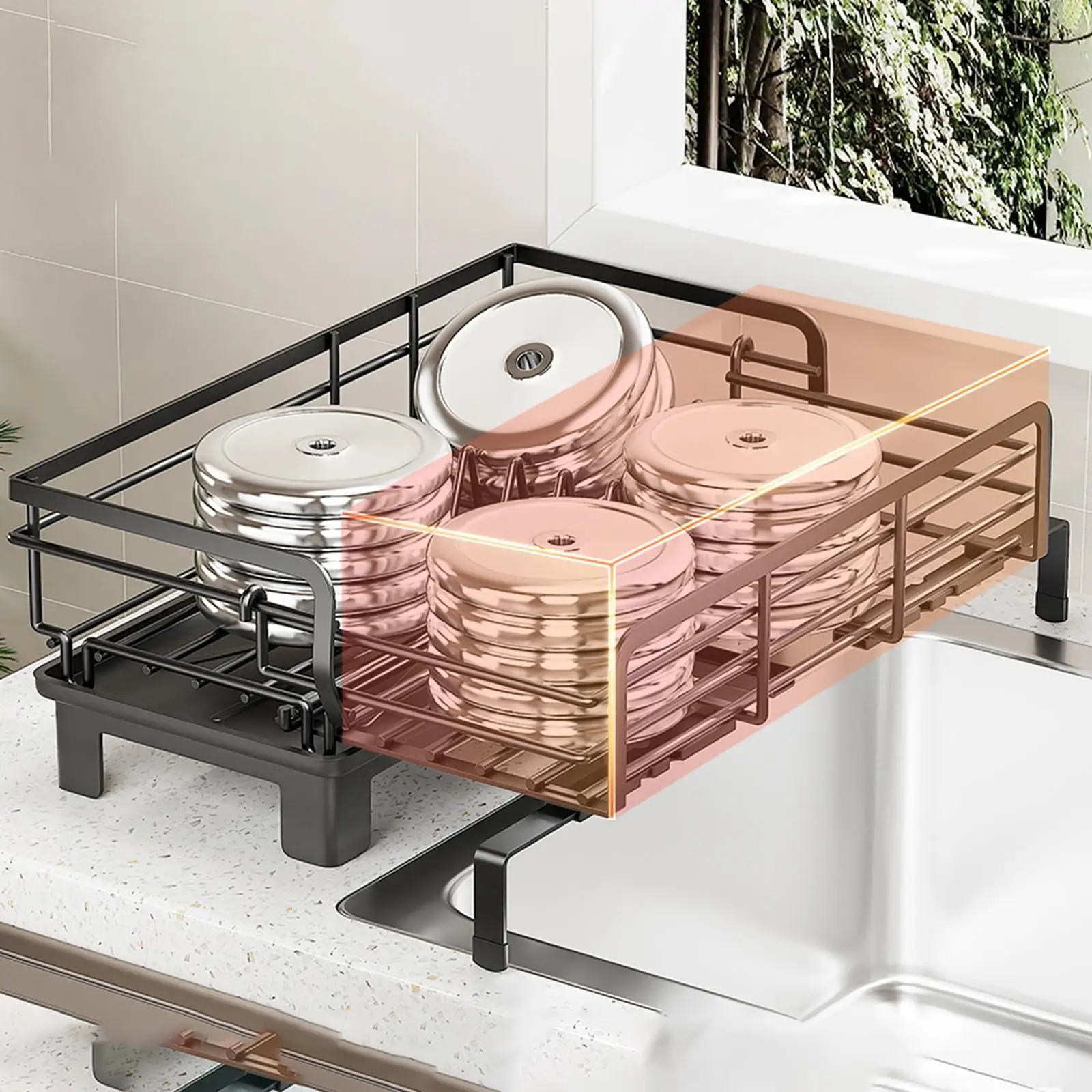 

Kitchen Tableware Drain Rack Large Capacity Single Layer Carbon Steel Multifunctional Countertop Finishing Rust-proof Telescopic