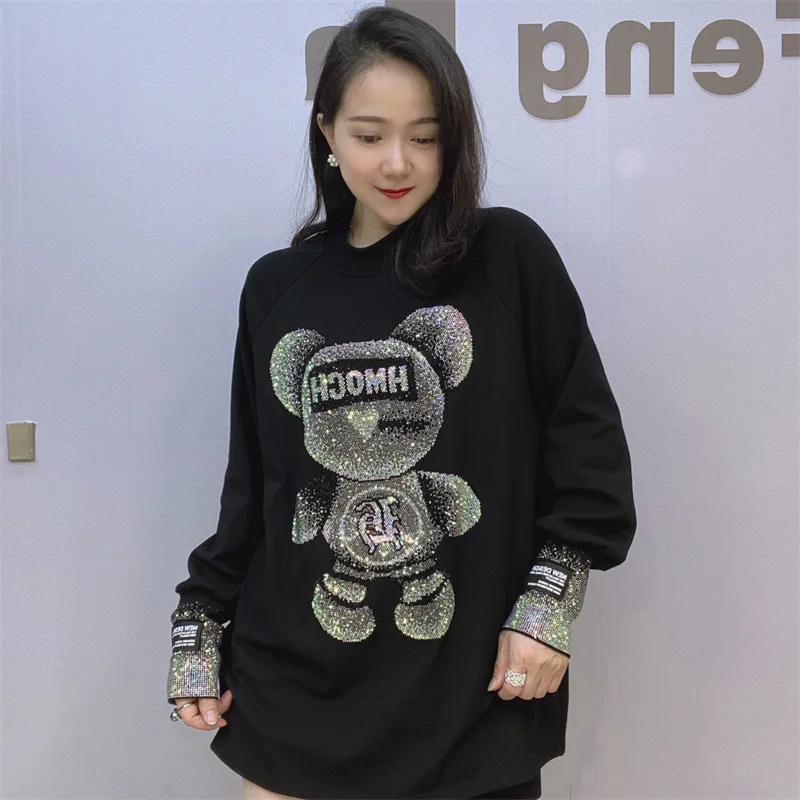 Women Cartoon Bear Hot Diamond T-shirt Loose Long Sleeved Oversized Top T-shirt Thickened Street Harajuku o-Neck T-shirt