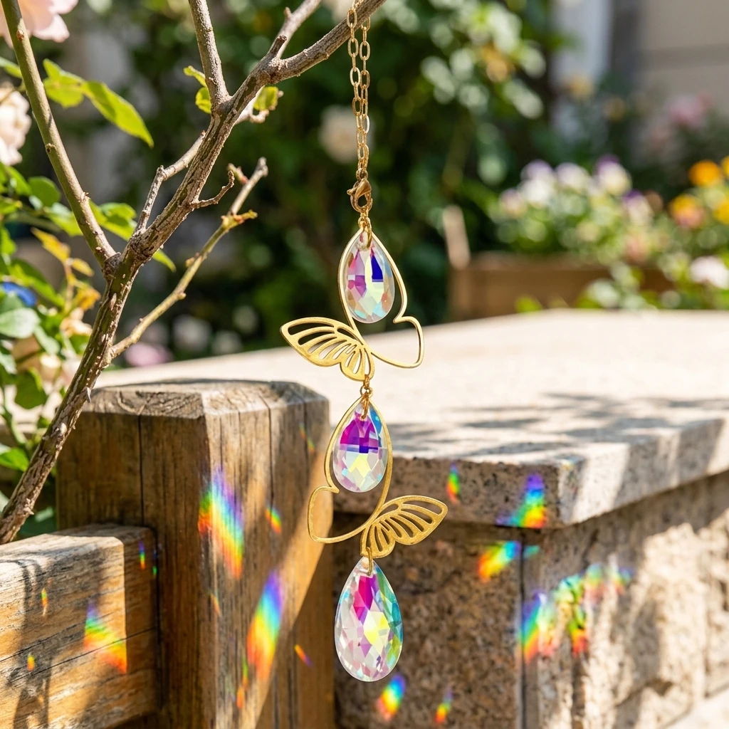 Crystal Sun Catcher Hanging Prism with Golden Butterfly, Rainbow Light Refraction, Durable Window and Garden Decor Gift for Home