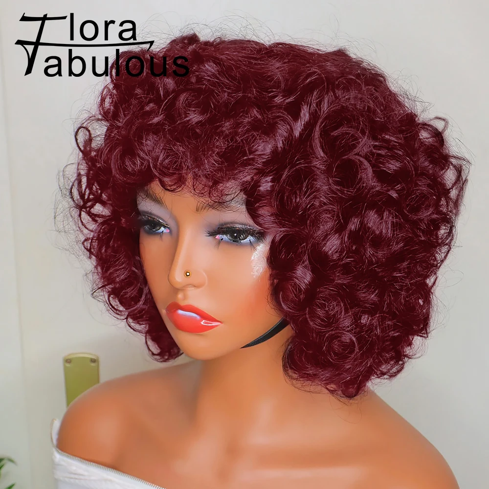 99J Burgundy Bouncy Curly Human Hair Wigs with Bangs For Black Women 180% Density Funmi Big Curly Afro Short Bob Wig with Bangs