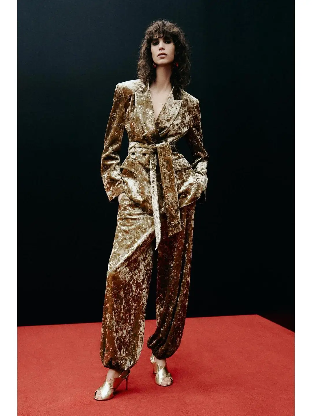 

Металлический бархатный костюм с поясом и брюки-фонарики, комплект женской модной осенне-зимней одежды, комплект из двух предметов для поездок на работу