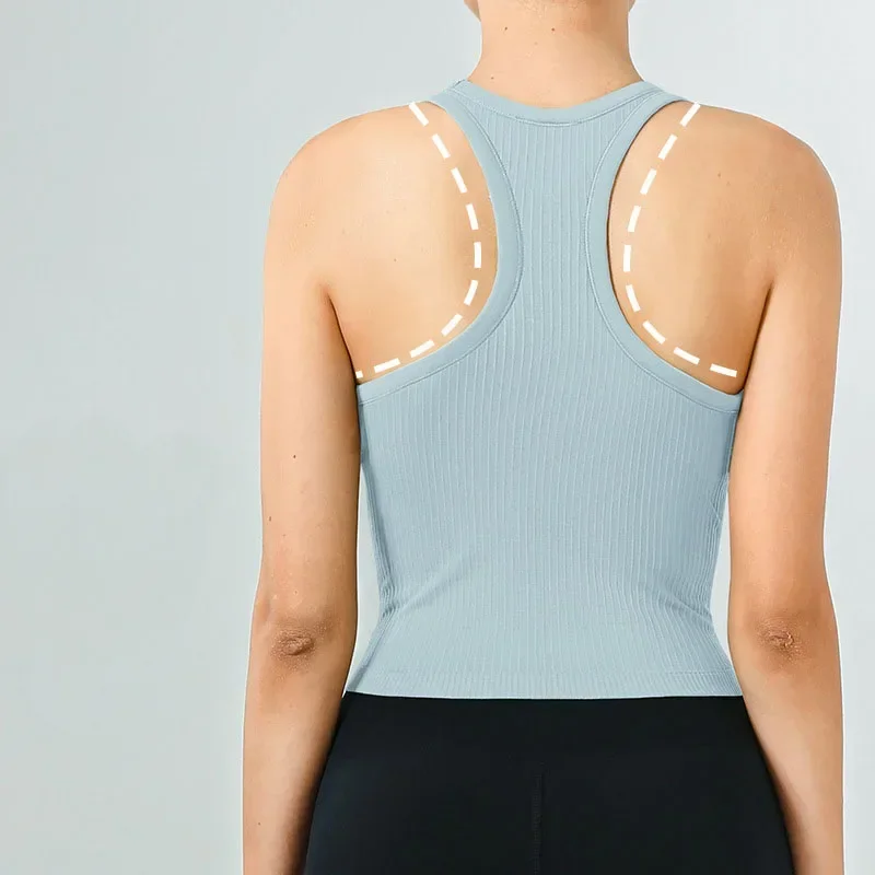 Gilet sportivo a coste ad alta elasticità con imbottitura sul petto gilet da Yoga da corsa con riflusso a forma di H nudo senza cuciture integrato