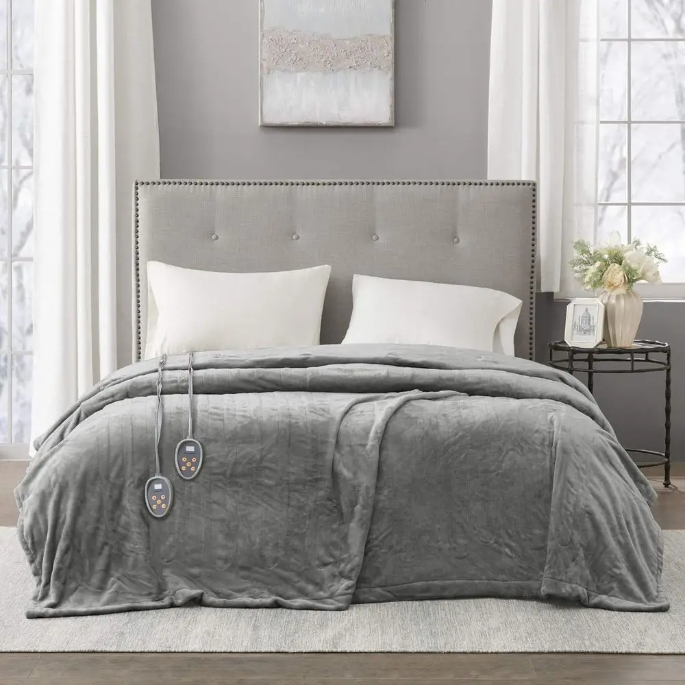 

King Size Grey Electric Blanket with Auto-Off, Multi-Level Heat, Zero EMF, UL Certified