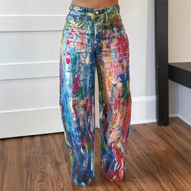 Kolorowe Malowane Graffiti Luźne Proste Spodnie Damskie Moda Wysoki Stan Zapinane na Guziki Kieszenie Y2K Streetwear Szerokie Spodnie