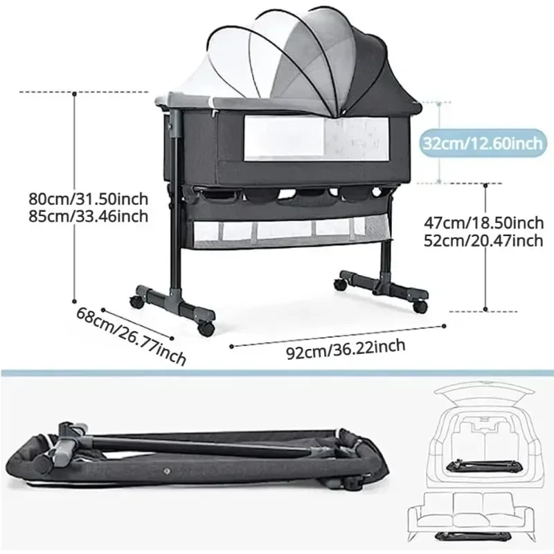 Baby Crib Bed, Newborn Bed, Spliced Large Bed, Baby Crib Bed, Mosquito Net, Large Storage Bag Adjustable, Portable Baby Crib