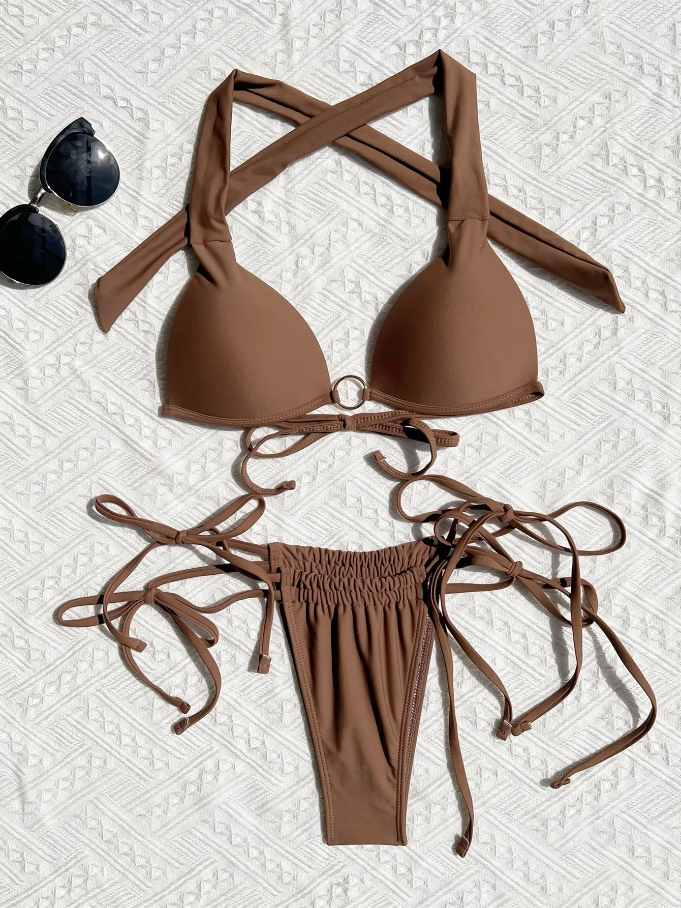 Coffee 2 Piece Swimsuit for Women,2024 Solid Color Low Waist Bikini Set,V-neck Suspender Backless Thong Swimwear,bathing Suit