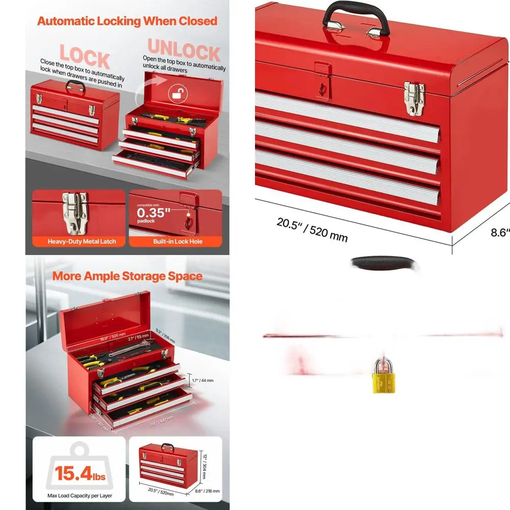 

Компактный металлический ящик для инструментов 20,5 дюйма с 3 запираемыми ящиками, вставками из EVA, направляющими на шарикоподшипниках и красным порошковым покрытием для эффективного использования