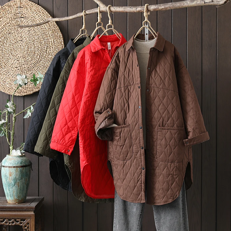 

Women's Mid-Length Cotton Jaet Quilted Diamond Patterned Filled irt Thin Cotton Coat Autumn Winter Vintage Sle Collar