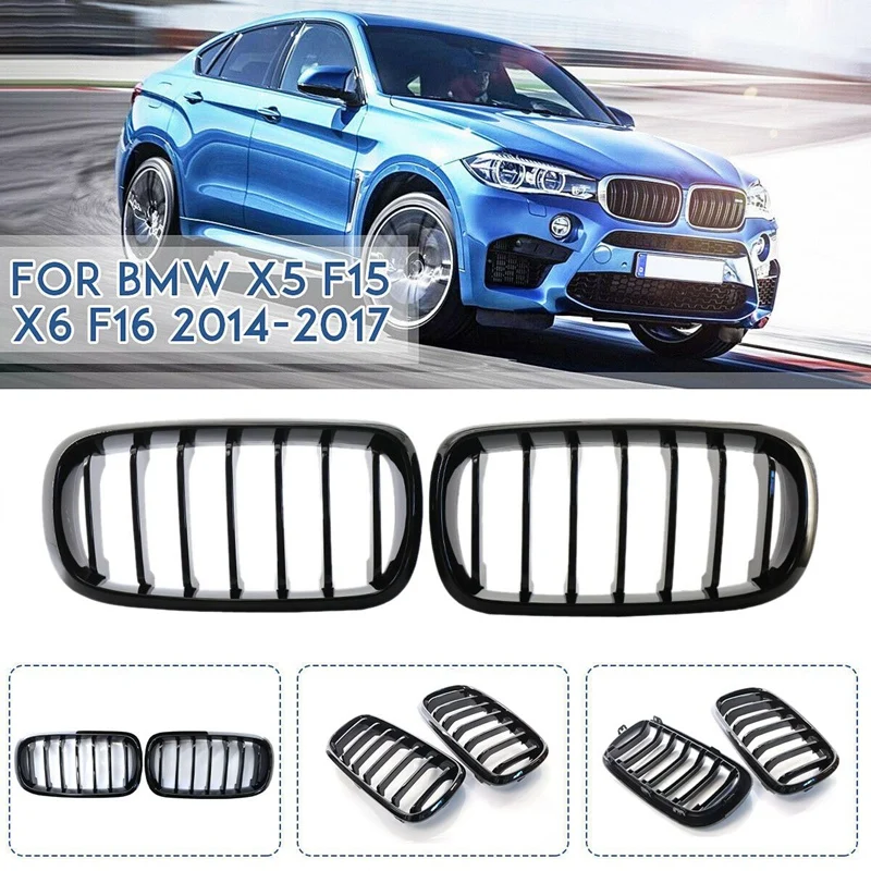 

For-BMW X5 F15 X6 F16 X5M X6M 2014-2017 Front Hood Bumper Kidney Grill Gloss Black Single Slats Grille