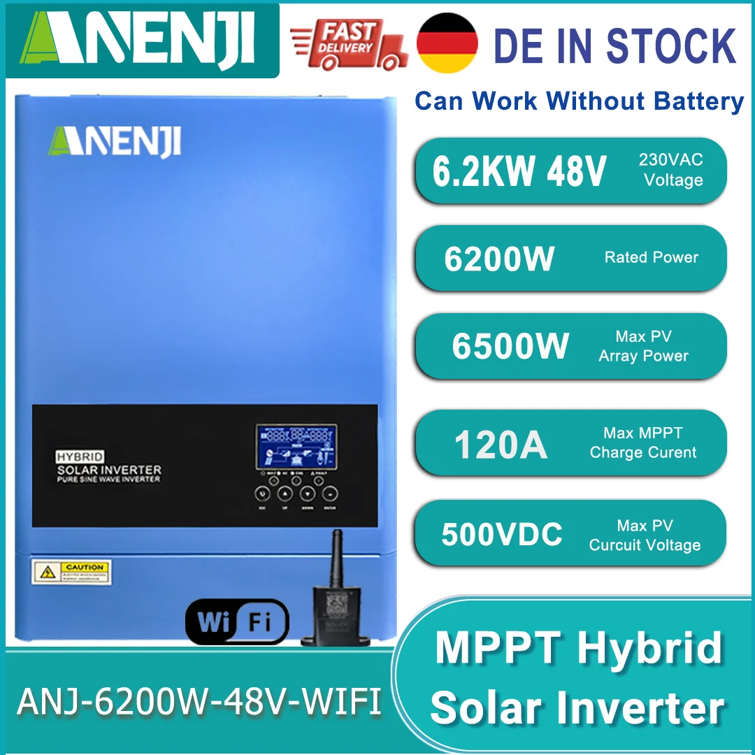 6.2KW 48V Hybrid Solar Inverter Off-Grid Pure Sine Wave MPPT 120A PV 500VDC 220V Solar Controller with WIFI Suitable for Home